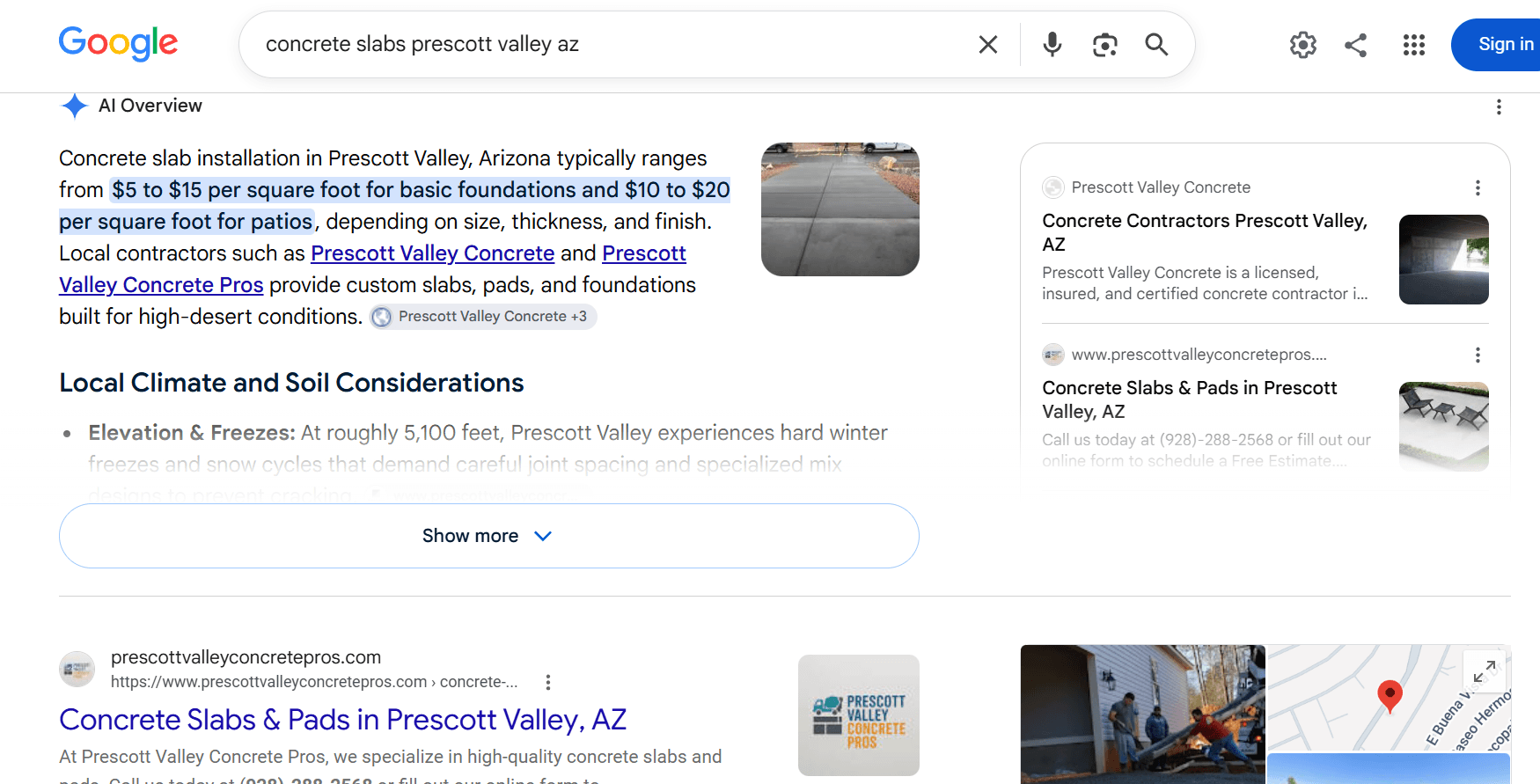 Google search results showing prescottvalleyconcretepros.com linked inside the AI Overview text, listed in the citation panel, and ranking first organically for concrete slabs in Prescott Valley, Arizona