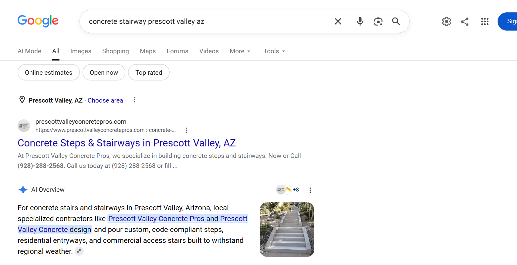 Google search results showing Prescott Valley Concrete Pros as the only organic result above the fold for concrete stairway in Prescott Valley, Arizona, and named first in the AI Overview below it