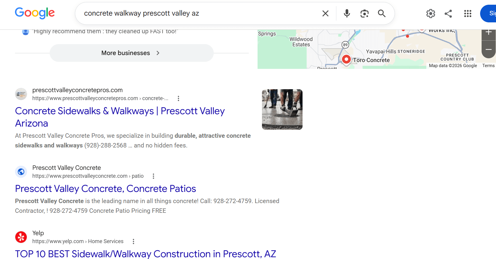 Google search results showing Prescott Valley Concrete Pros ranking first for concrete walkway in Prescott Valley, Arizona, above Prescott Valley Concrete and Yelp